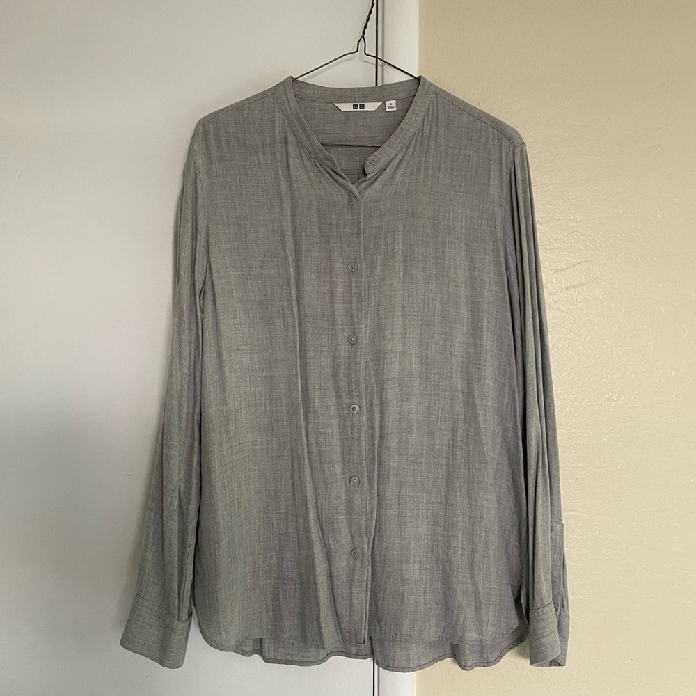 Uniqlo Grey Collarless Button Up Blouse
